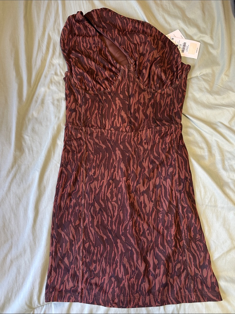 Bershka One-Shoulder Burgundy Print Dress